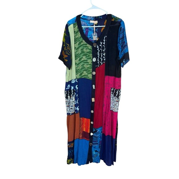 La Cera Maxi Dress Button Up Patchwork Boho Artsy Colorful Pockets Women's L NEW - Picture 1 of 9